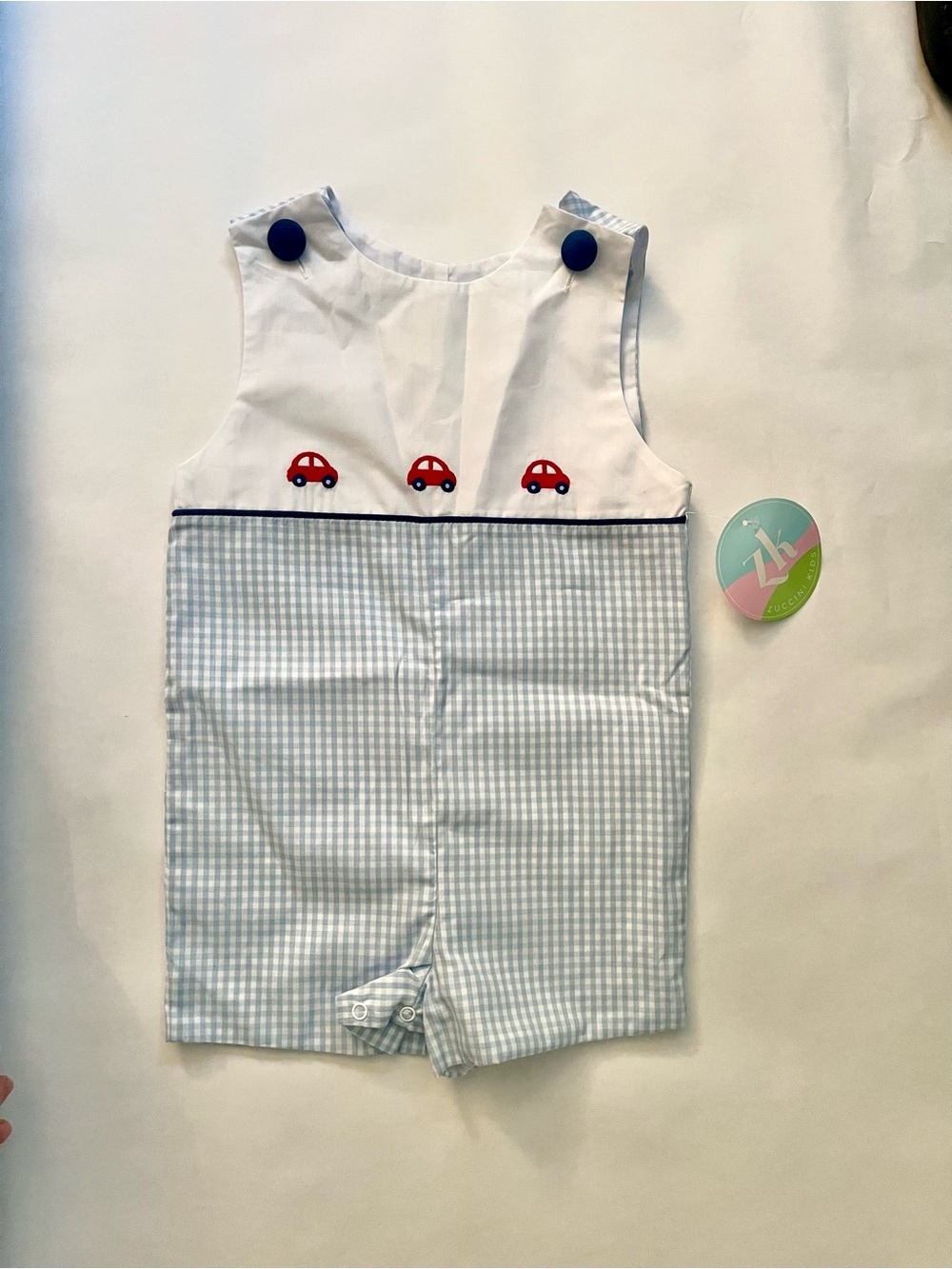 NWT Cars Embroidered Jon Jon Monday’s Child 3T Blue and White Checker